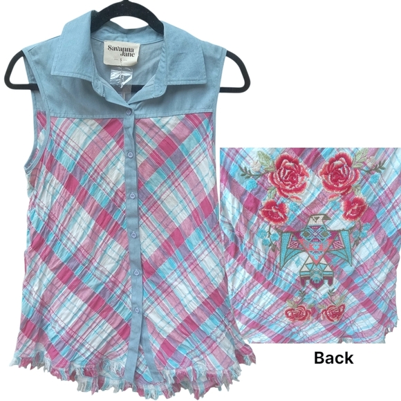 Savanna Jane Pink Blue Button Down Shirt Plaid Embroidered Back Small Western - Picture 1 of 7